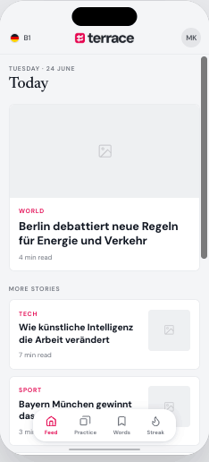 Terrace app — daily news feed at your level