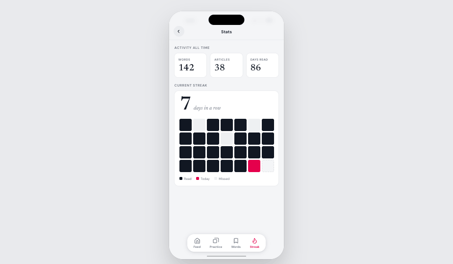 Terrace stats — streaks and words learned