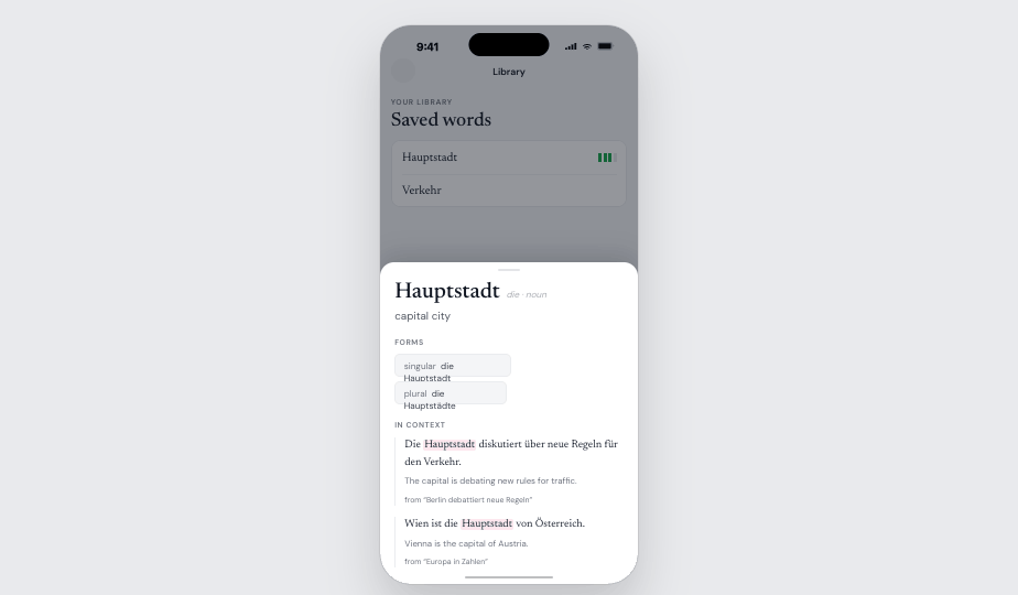 Terrace app — tap any German word for an instant translation